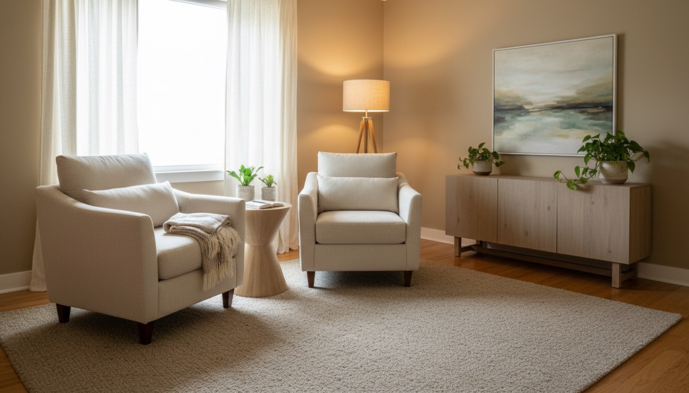 Calm therapy room at HPC Glasgow with comfortable seating and soft lighting