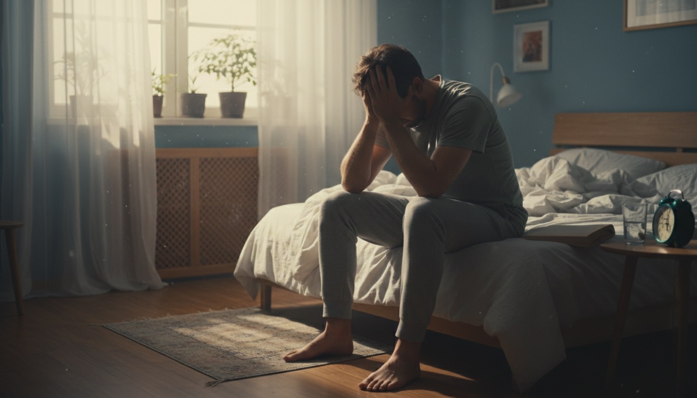 Person sitting on edge of bed struggling to sleep